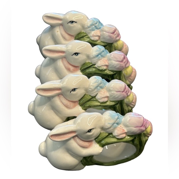 Other - VTG 90’s set of 4 Easter cottagecore Spring bunny hand painted napkin rings